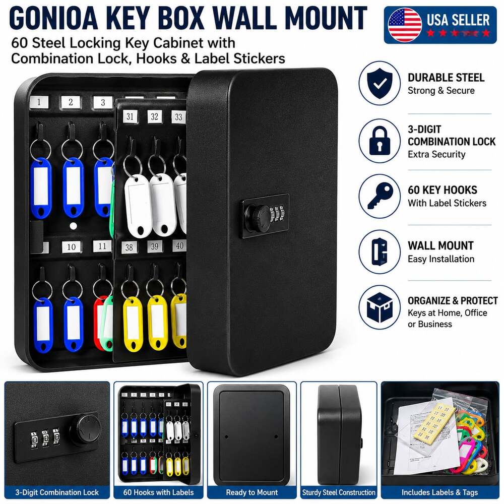 GONIOA 60-Key Steel Wall Mount Locking Key Cabinet with Combination Lock
